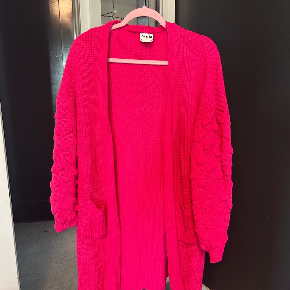 ARULA Vibrant Hot Pink Open-Front Bubble Sleeve Cardigan